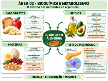 Mapa mental de Bioquímica e Metabolismo: carboidratos, lipídios, proteínas e estados metabólicos
