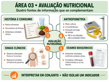 Mapa mental de Avaliação Nutricional: história e consumo, antropometria, sinais clínicos e exames