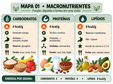 Mapa mental horizontal sobre carboidratos, proteínas e lipídios