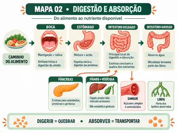 Mapa mental horizontal do percurso da digestão e absorção
