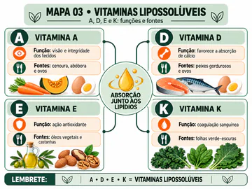 Mapa mental horizontal sobre as vitaminas A, D, E e K