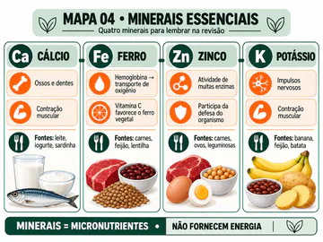 Mapa mental horizontal de cálcio, ferro, zinco e potássio