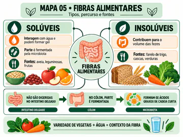 Mapa mental horizontal sobre fibras solúveis, insolúveis e fermentação