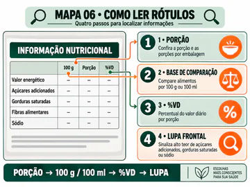 Mapa mental horizontal com quatro passos para ler a informação nutricional