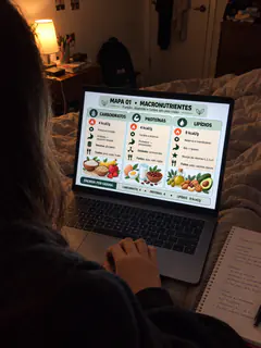 Cena ilustrativa de estudante revisando macronutrientes no laptop, à noite