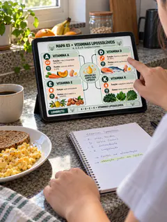 Cena ilustrativa do mapa de vitaminas aberto no tablet durante uma revisão em casa