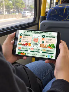 Cena ilustrativa do mapa de fibras consultado no celular durante o trajeto de ônibus